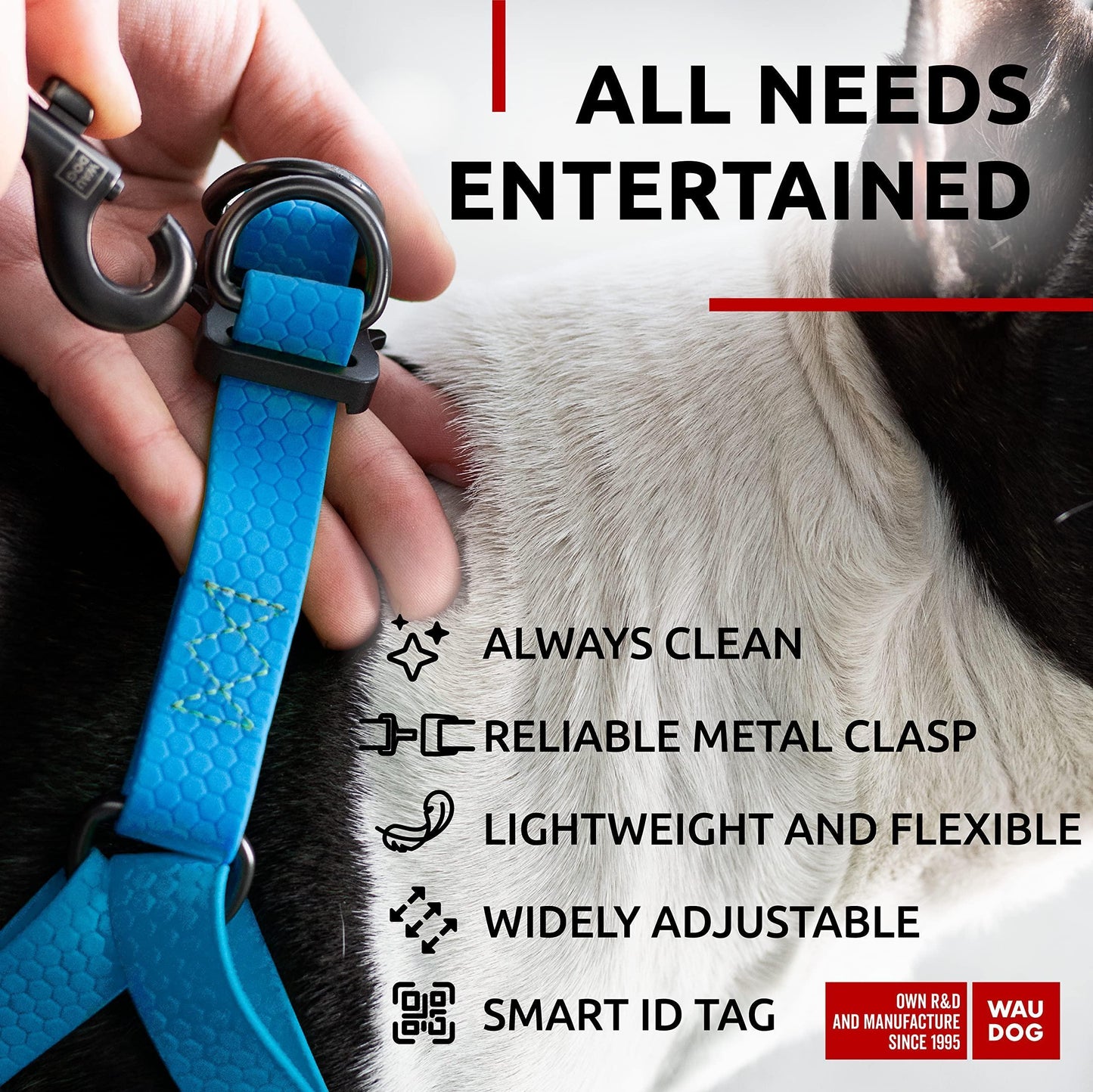 WAUDOG Waterproof Dog Harness Adjustable Dog Harness for Large Dogs Small and Medium Dogs Heavy Duty Dog Harness with Durable Metal Clasp and QR Dog Tag Boy & Girl Dog Harness Blue (24 35In)