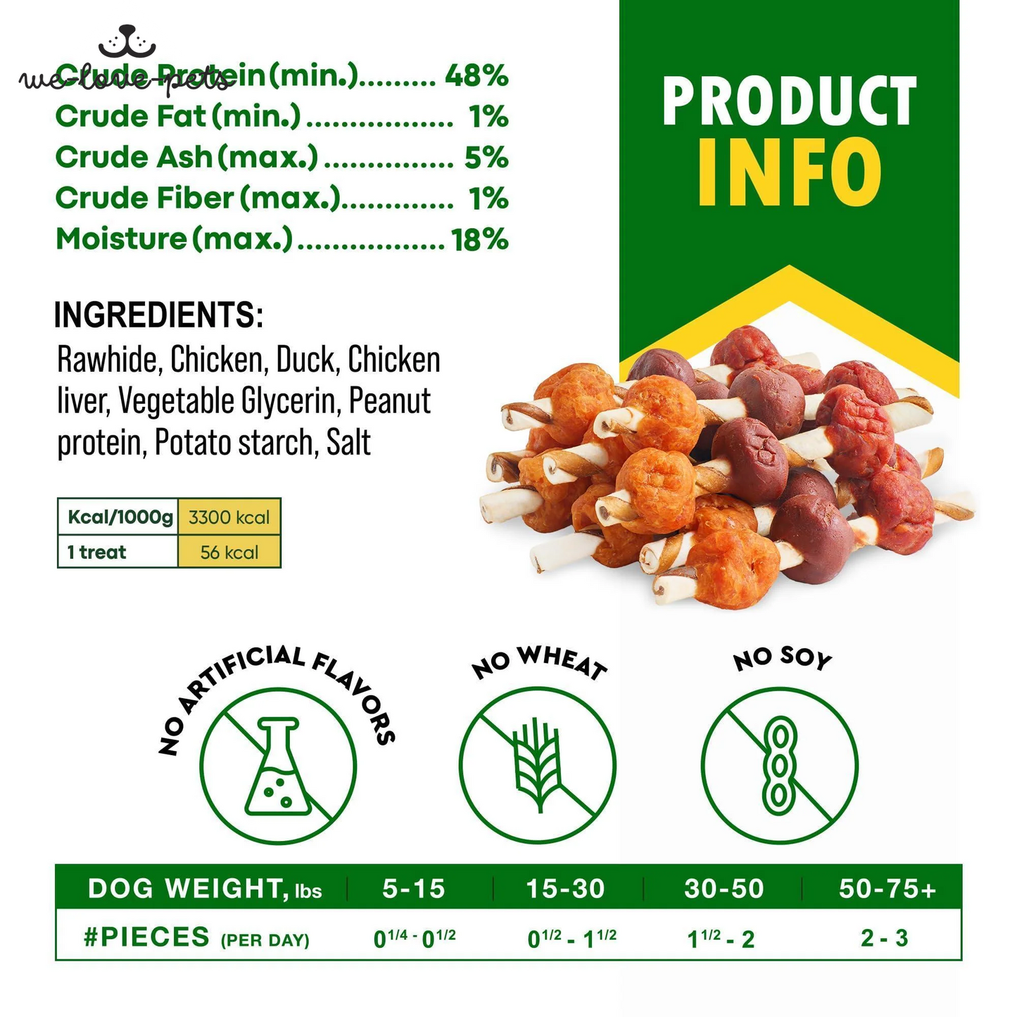 Dog Rawhide Treats with Duck and Chicken Human Grade Meat All Natural 10.6 Oz