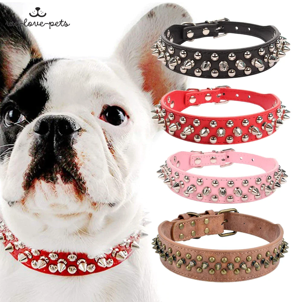 Spiked Studded Leather Dog Collar Rivets Pet Small Large Cat Pit Bull Adjustable