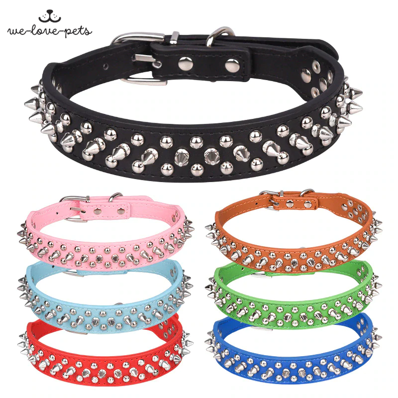 Spiked Studded Leather Dog Collar Rivets Pet Small Large Cat Pit Bull Adjustable
